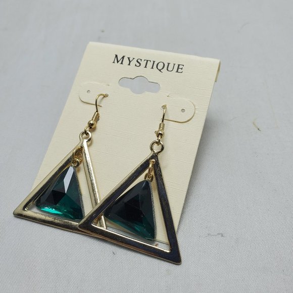 Mystique gold tone triangle drop earring with emerald stone - Picture 3 of 4